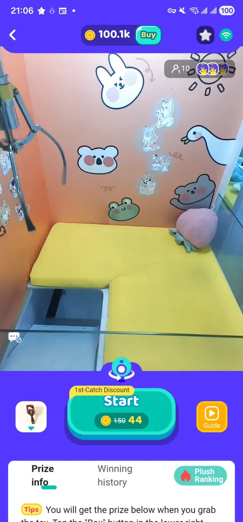 Claw, target area and prize chute in a physical claw-machine view