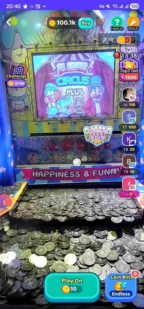 Moving shelf, stacked playfield and side areas of a physical coin pusher