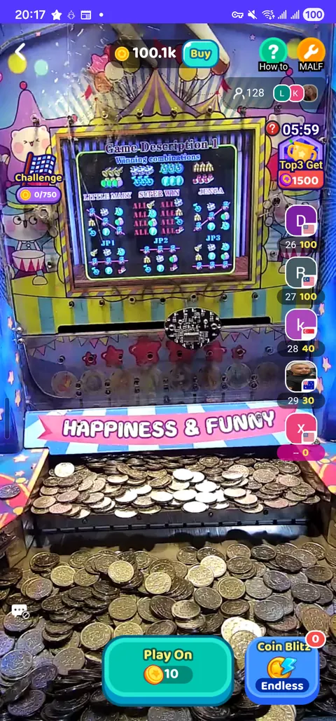 Claw Eden live view of a physical coin-pusher playfield and on-screen controls